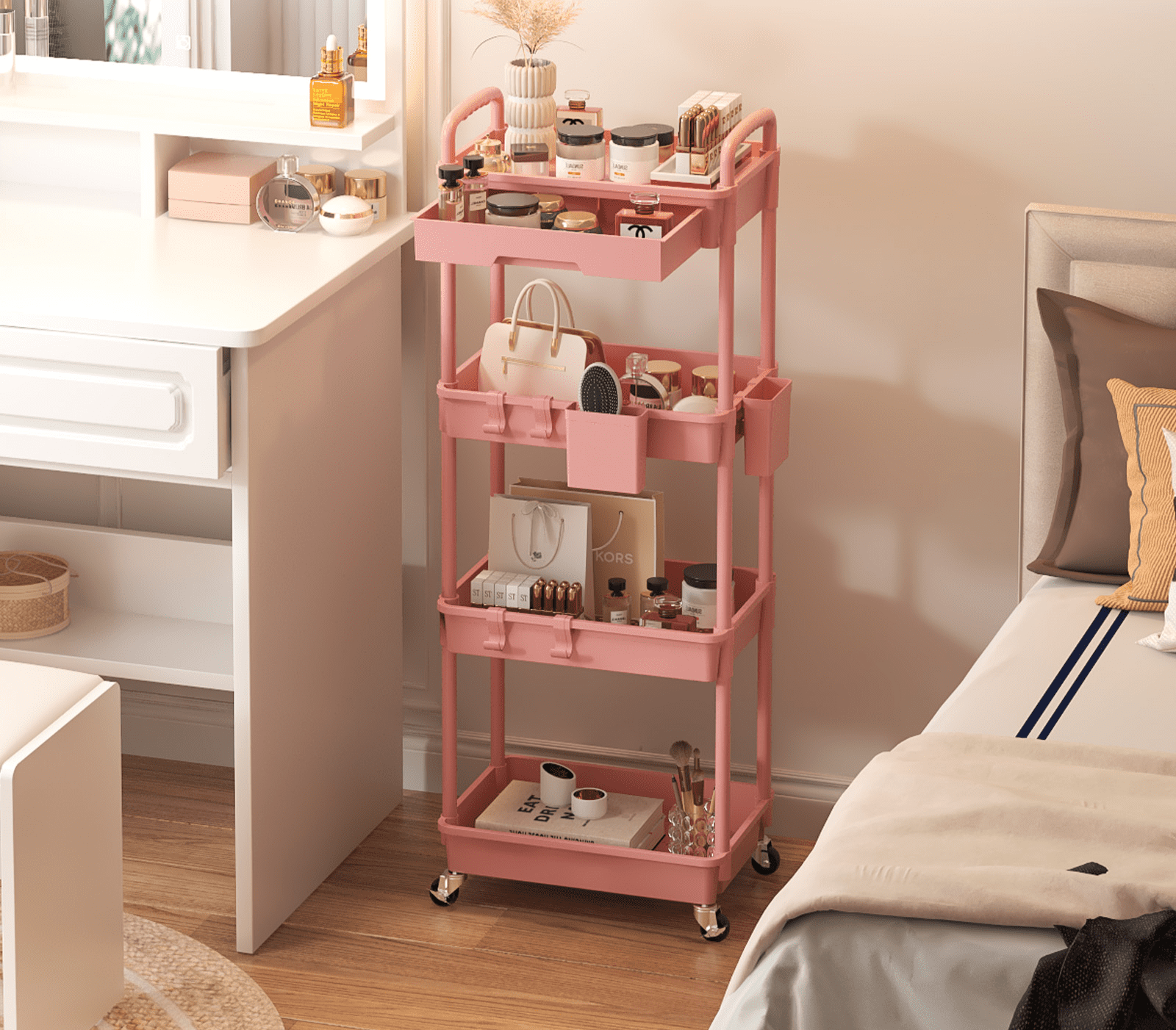 LLMRR 4 Tier Rolling Utility Cart with Drawer, Cart with Drawer & Handle, Bathroom Cart Organizer, Rolling Storage Cart with Drawer, Rolling Cart with Lockable Wheels for Kitchen, Office, Pink