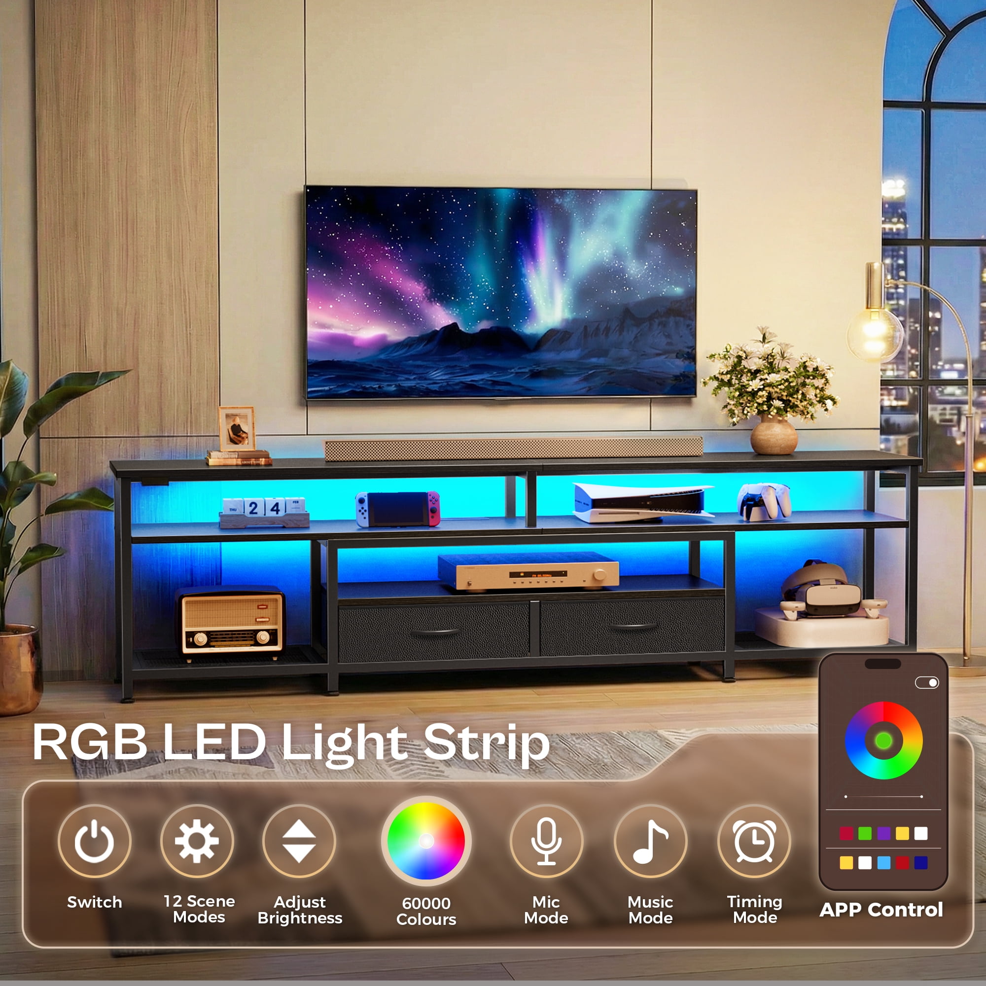 Amadwell 63" LED TV Stand for 75-80 Inch TVs, Entertainment Center with Power Outlets & Drawers, Rustic Brown