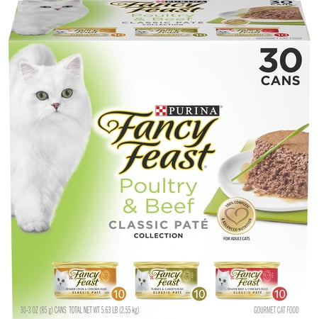 (30 Pack) Fancy Feast Grain Free Pate Wet Cat Food Variety Pack, Poultry & Beef Collection, 3 oz. Cans