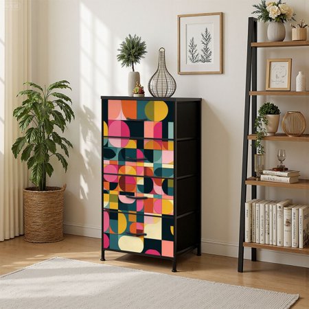 4 Drawer Vertical Storage Dresser Mid Century Abstract Design with Wood Top Fabric Pull Drawers