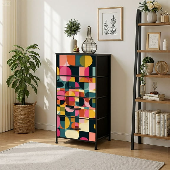 4 Drawer Vertical Storage Dresser Mid Century Abstract Design with Wood Top Fabric Pull Drawers