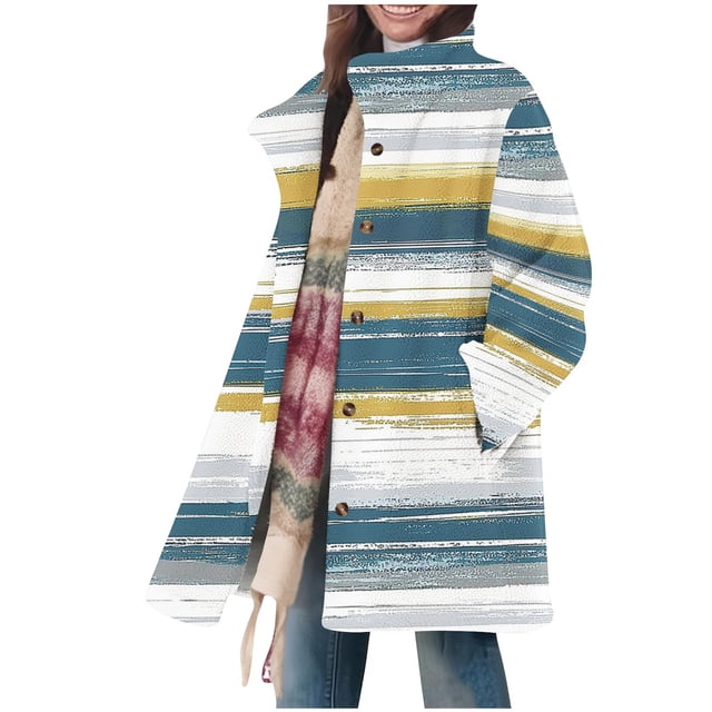 Vestes d'Hiver pour Femmes, Veste d'Hiver Décontractée Ample Imprimée à Col à Revers Manches Longues Doublée de Polaire, Veste d'Hiver pour Femmes