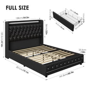 Homfa Black Full Size LED Bed Frame with 2 Storage Drawers, Modern PU Leather Crystal Button Upholstered Platform Bed Frame with Outlets and USB Ports & Display Platform