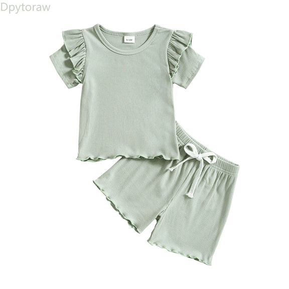 Dpytoraw Toddler Girls Summer Short Sleeve Solid Tops And Shorts 2PCS Outfits Clothes Set For Children Clothes Spring floral girls matching sets Size Green 18-24 Months