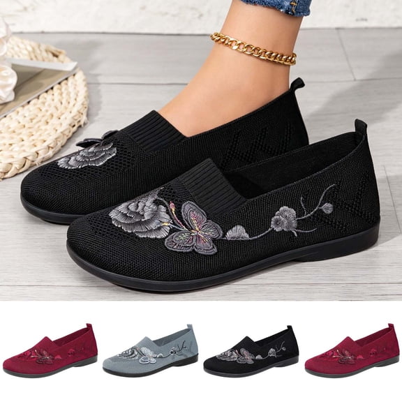 Women's Breathable Mesh Shoes Casual Trendy Flower Embroidery Shoes Slip-On Soft Sole Non-Slip Shoes Mesh Bottom Shallow Mouth Walking Shoes
