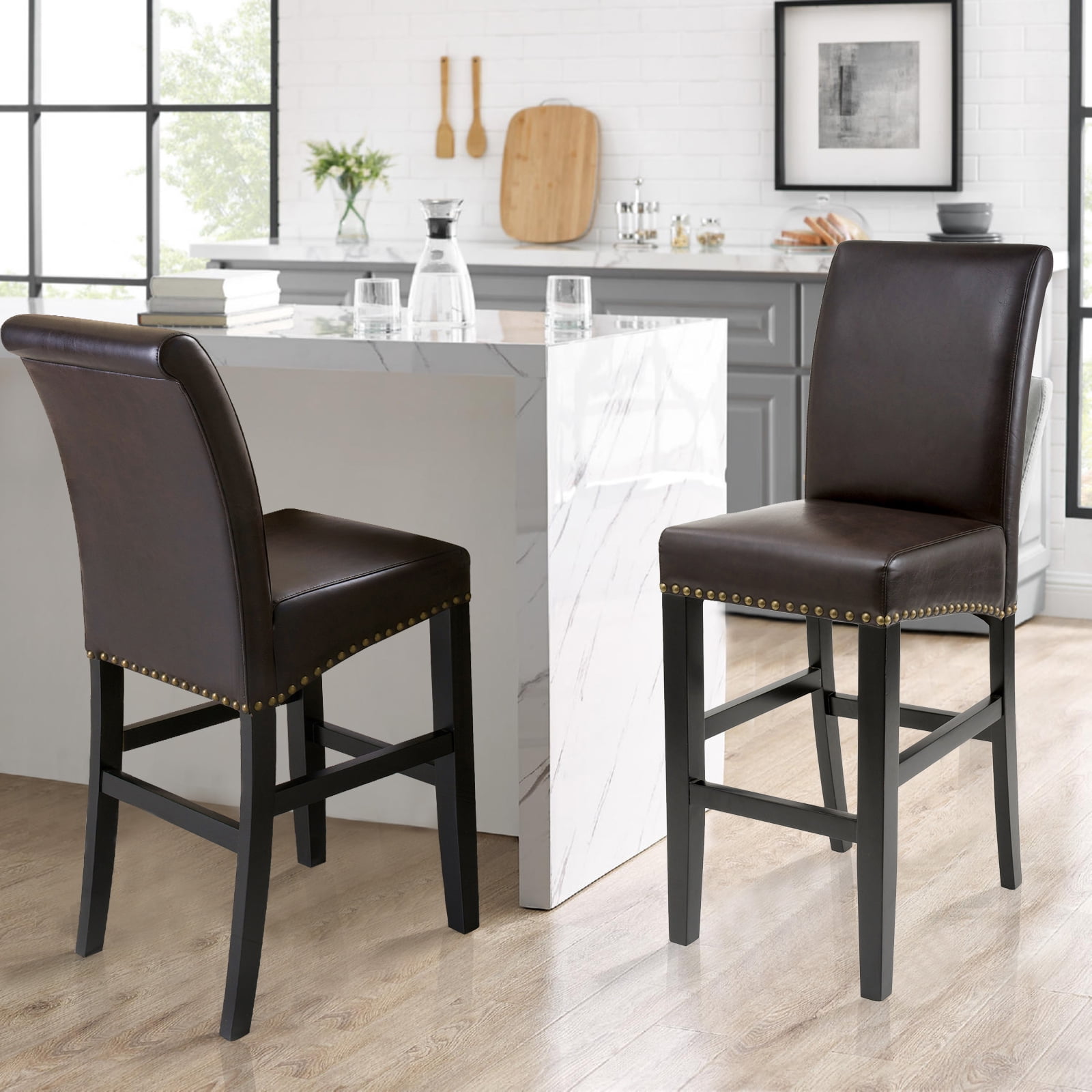Kadyn Bar Counter Chairs Set of 2, Counter Height Bar Stools for Dining Room, Coffee Shop, Upholstered Kitchen Chair with Wood Legs, Brown