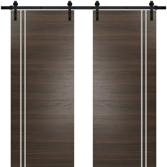 Sturdy Double Barn Door 36 x 80 inches with | Planum 0310 Chocolate Ash with Frosted Glass | 13FT Rail Hangers Heavy Set | Solid Panel Interior Doors