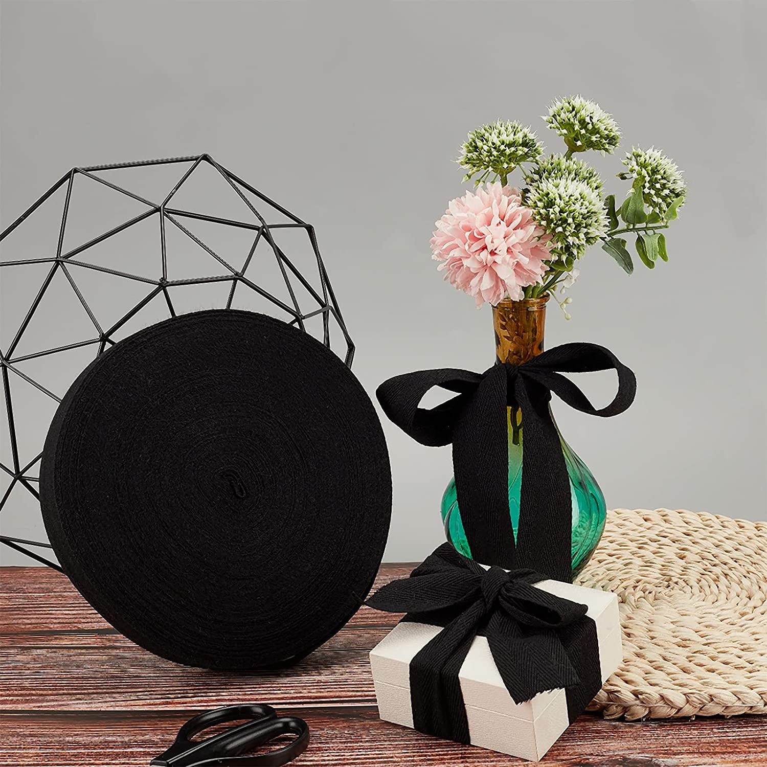 49 Yards(45m)/Roll Herringbone Cotton Webbings 35mm Wide Cotton Twill Tape Ribbons Cotton Herringbone Cords for Knit Sewing DIY Crafts Black Black