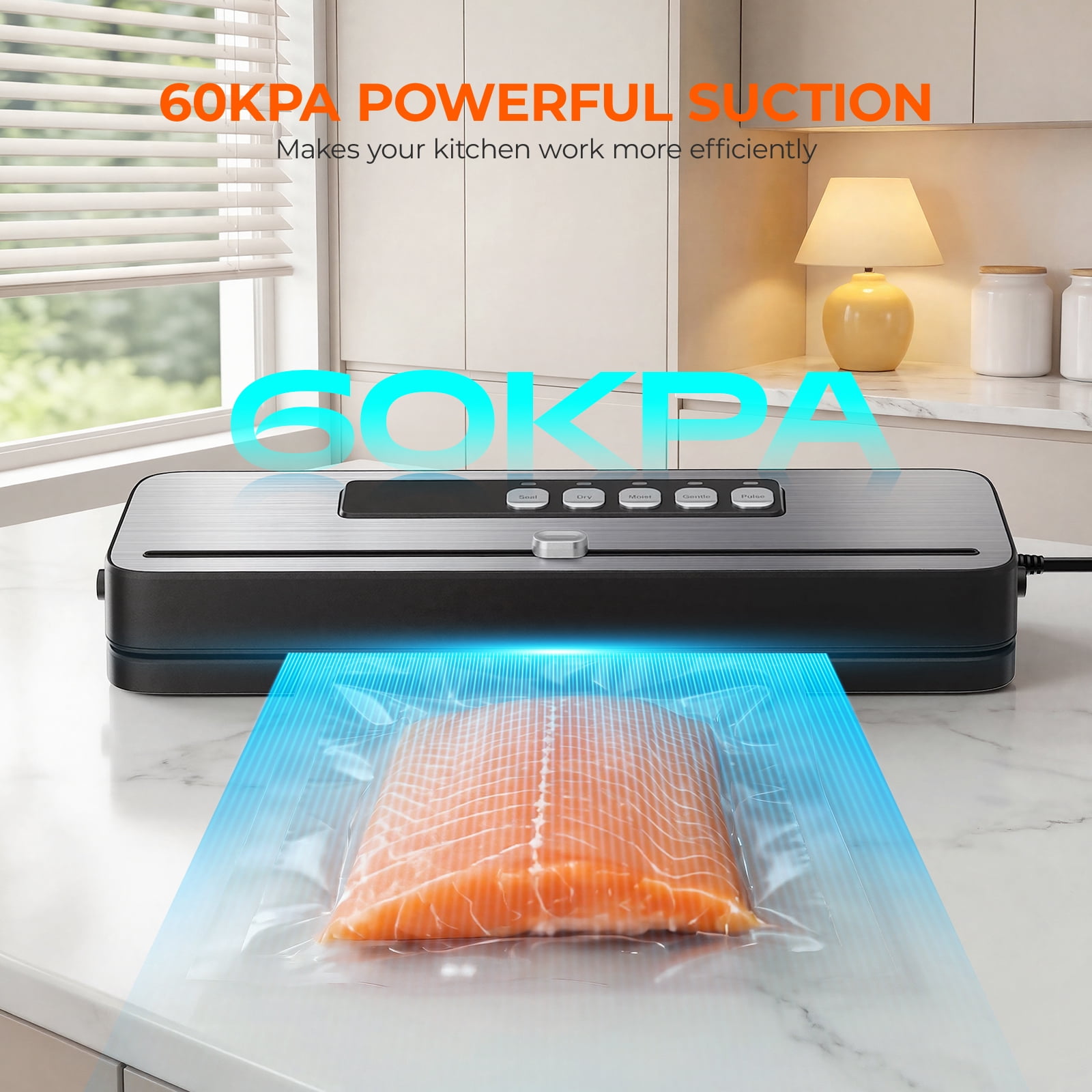 RUIE Vacuum Sealer Machine for Food with 20 Bags,60KPa Automatic Air Sealing Food Saver with Dry and Moist Food Modes,Led Indicator Lights, Easy to Clean, Compact Design