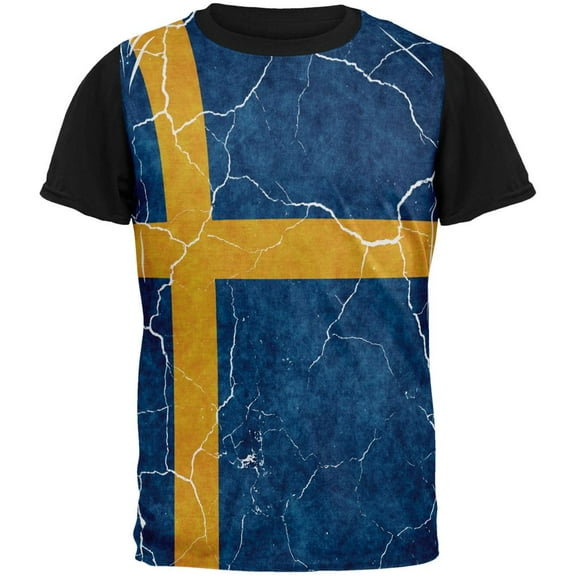 Distressed Swedish Flag All Over Mens Black Back T Shirt Multi MD