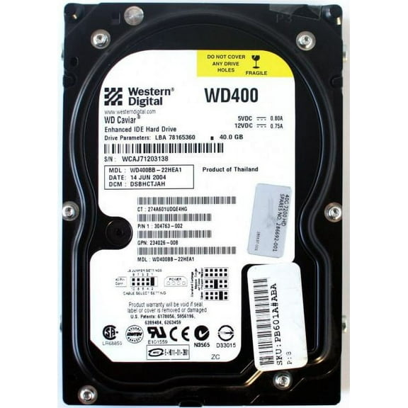 Hdd 40gb wd400bb-22hea1, 14jun2004, dcm:dsbhctjah, 304763-002, 234026-008, 286692-001