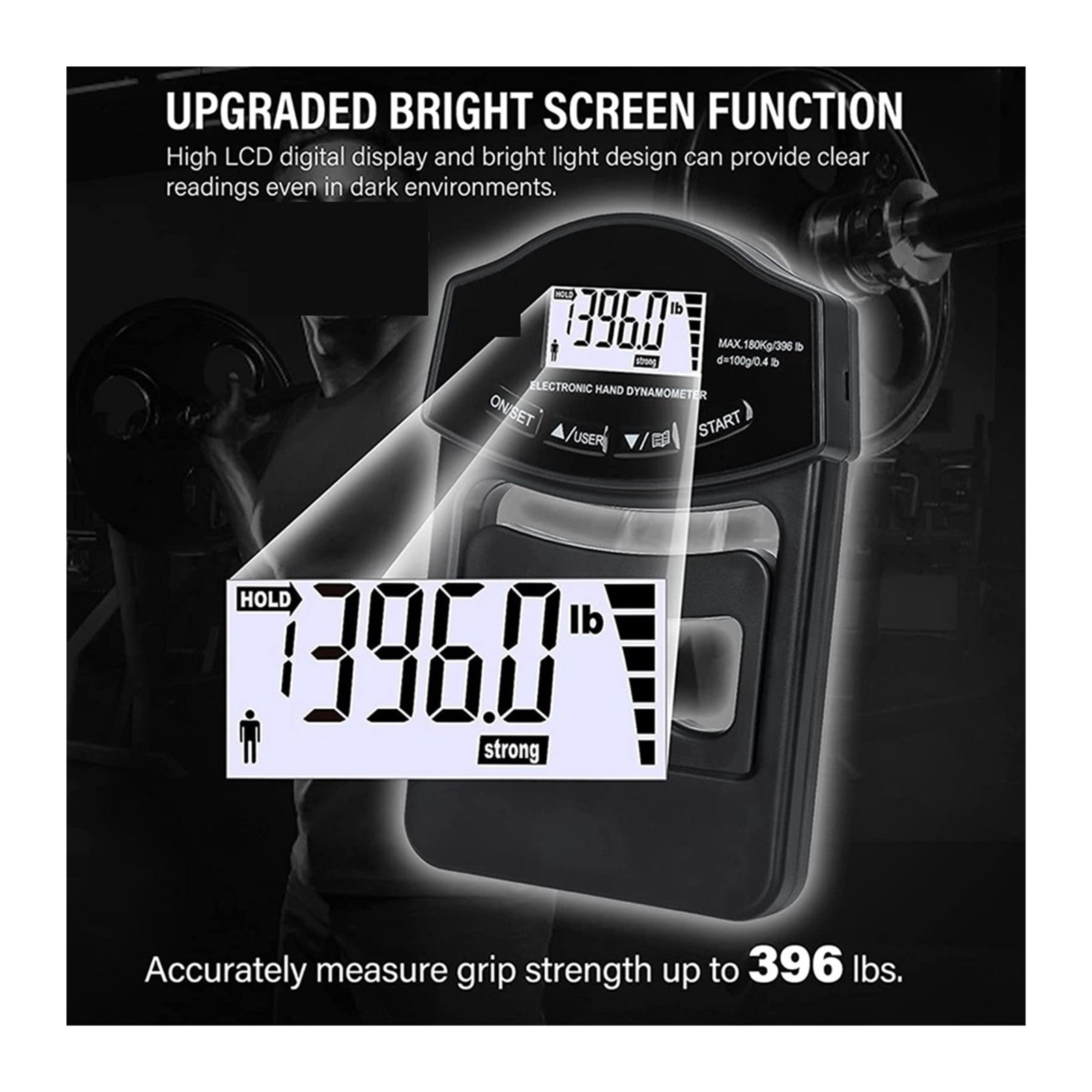 Grip Strength Tester, 396Lbs/180Kg Digital Hand Dynamometer Grip Strength Meter USB LCD Screen Hand Grip Dynamometer