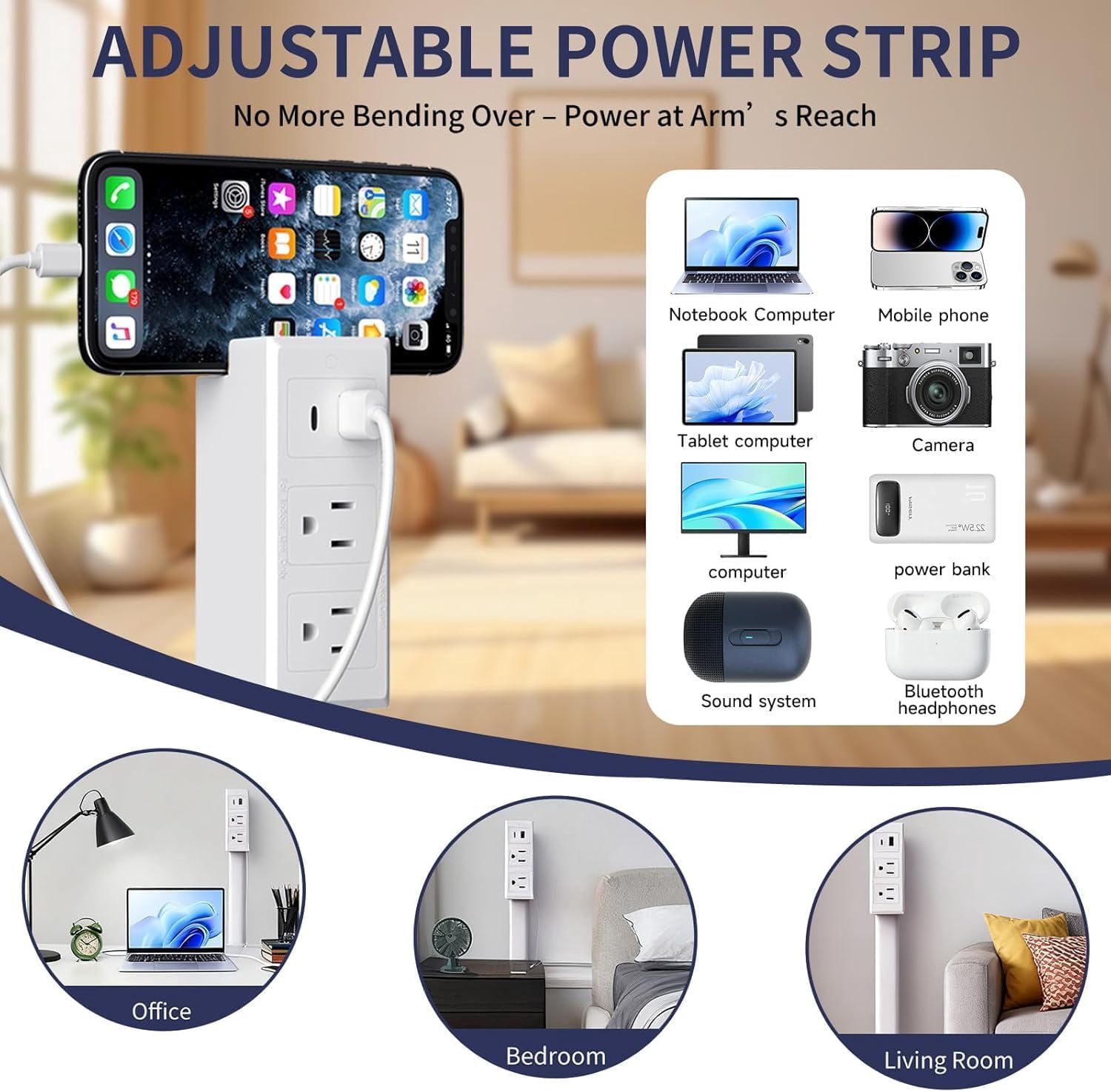 Electrical Outlet Extender Stick,180° Rotating Extendable Wall Outlet for Hard to Reach Places,Rotating Plug Power Hub for Bedroom, Living Room, Office
