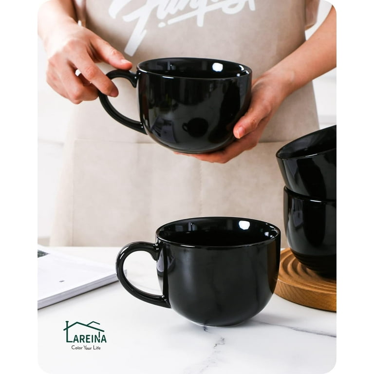 Lareina Jumbo Soup Mugs with Handles, 28 Ounce Porcelain Mugs for Soup,  Coffee, Tea, Ice Cream, Cereal, Set of 4, Microwave & Dishwasher Safe, Black