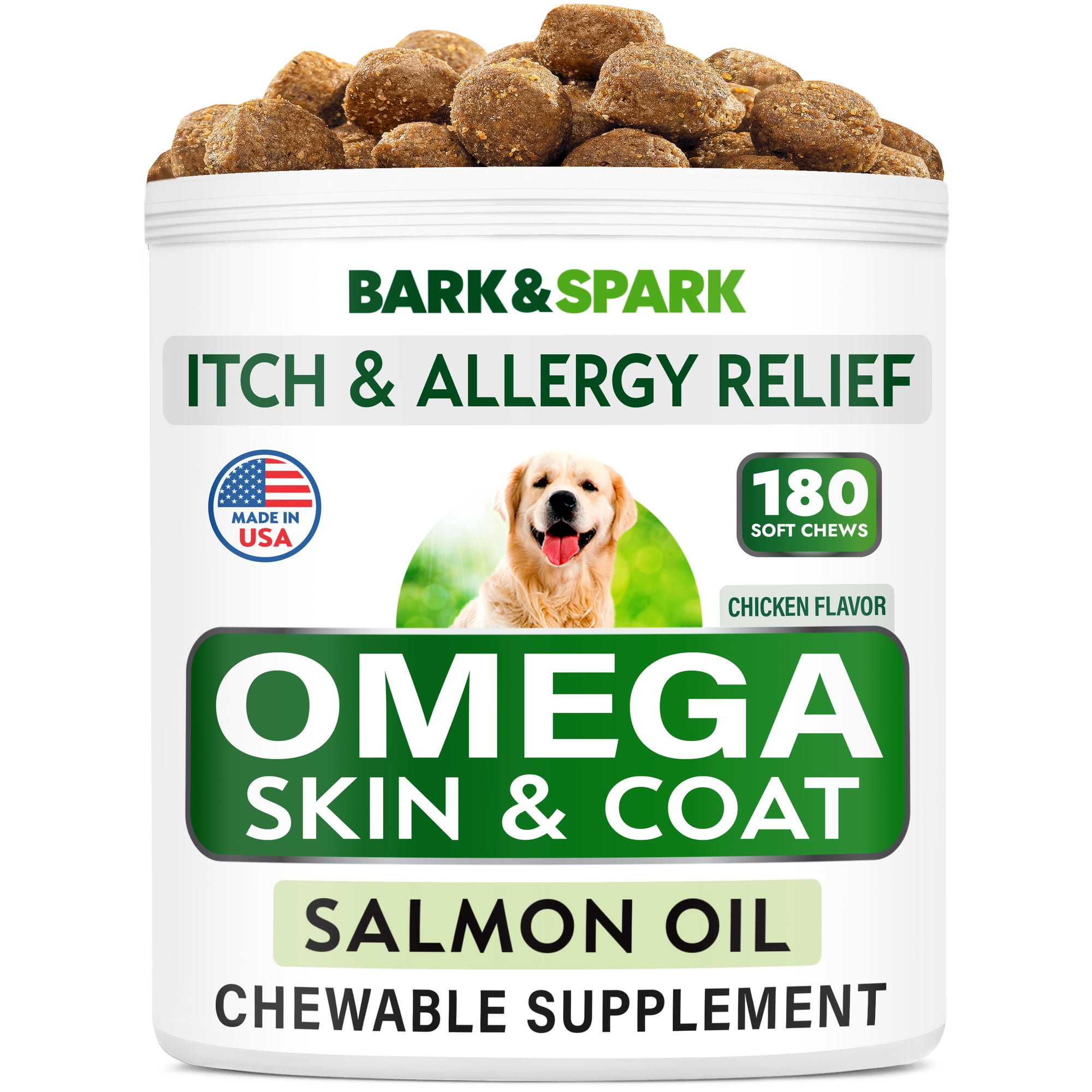 BARK&SPARK Omega 3 for Dogs - 180 Fish Oil Treats for Dog Shedding, Skin Allergy, Itch Relief, Hot Spots Treatment - Joint Health - Skin and Coat Supplement - EPA & DHA Fatty Acids - Salmon Oil