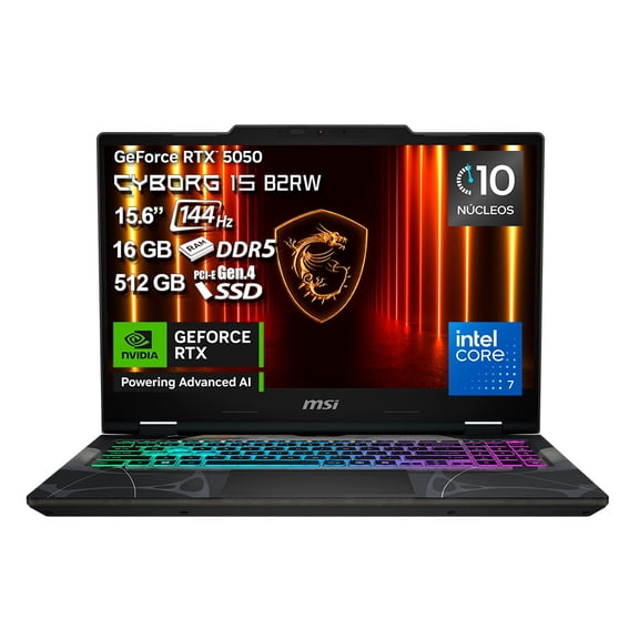Laptop Gaming MSI Cyborg 15 NVIDIA GeForce RTX 5050 Intel Core 7 240H 16GB RAM 512GB SSD 15.6" FHD 144Hz Negro