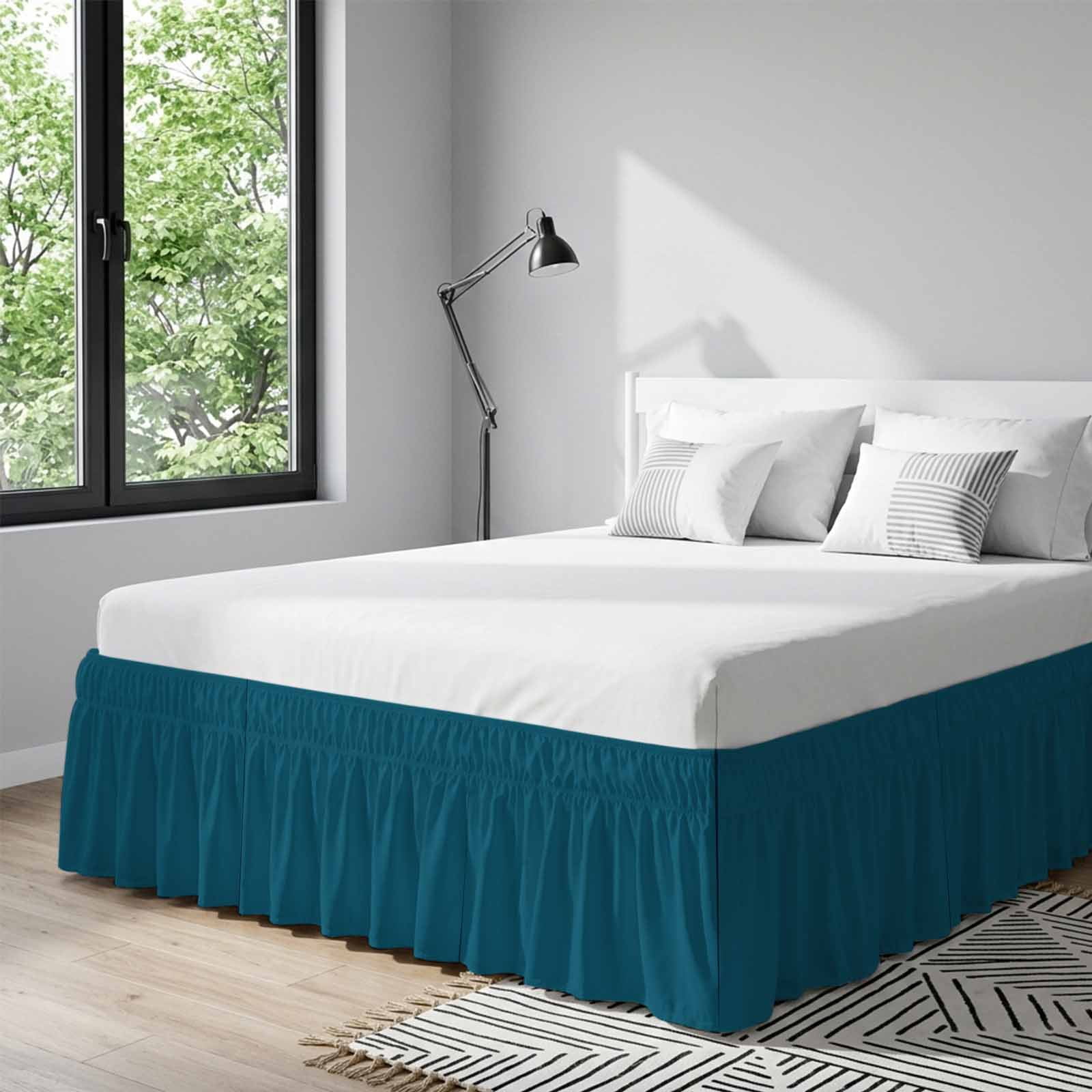 Bed Skirt Solid Dark Adjustable Elastic Wrap-Around Dust Ruffle with Teal 18 Inch Drop, Bed Frame Cover for Queen Size Bed