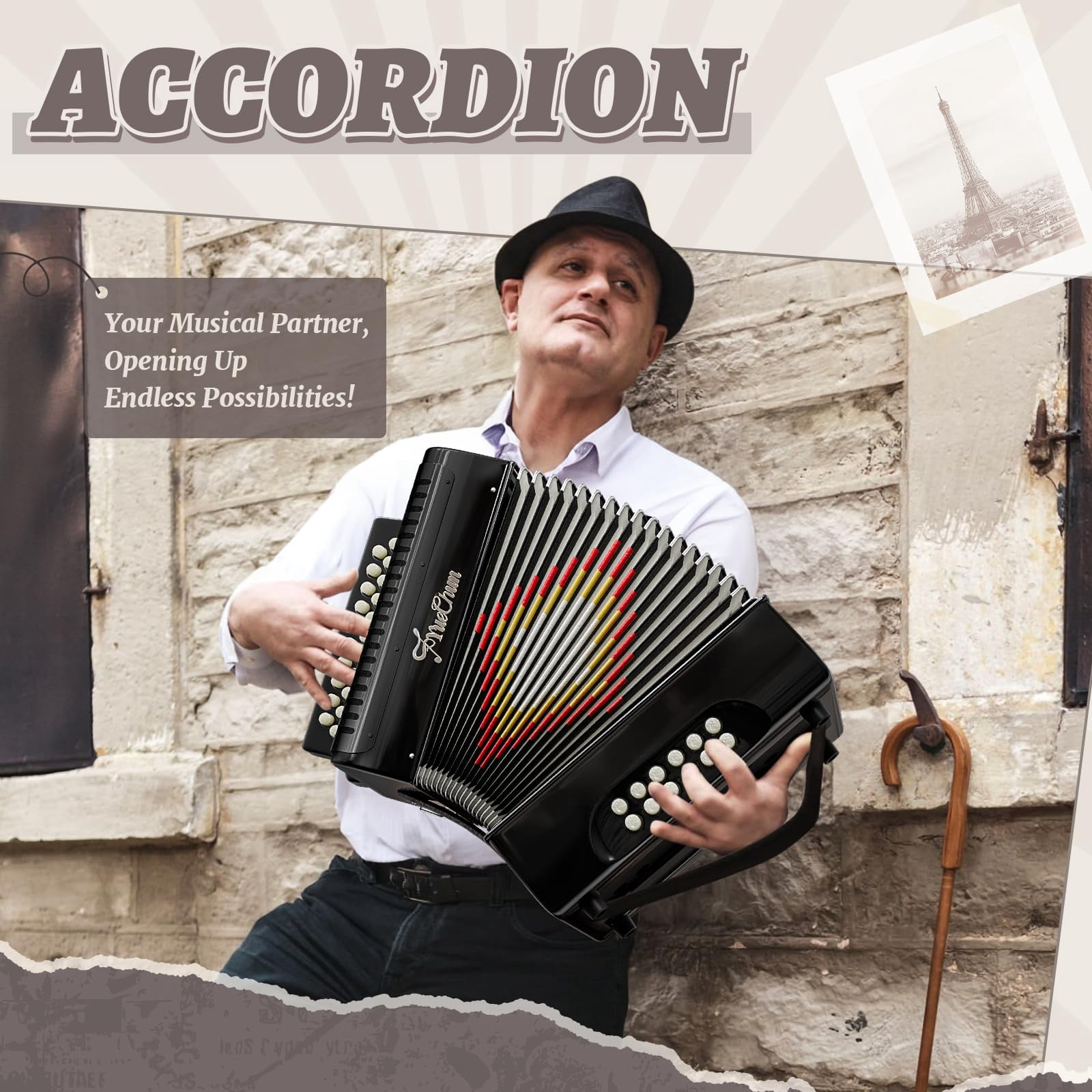 YueChun Accordion, 31 Keys 12 Bass G/C/F Diatonic Button Accordion , Portable Professional Button Accordion with Case (Black)