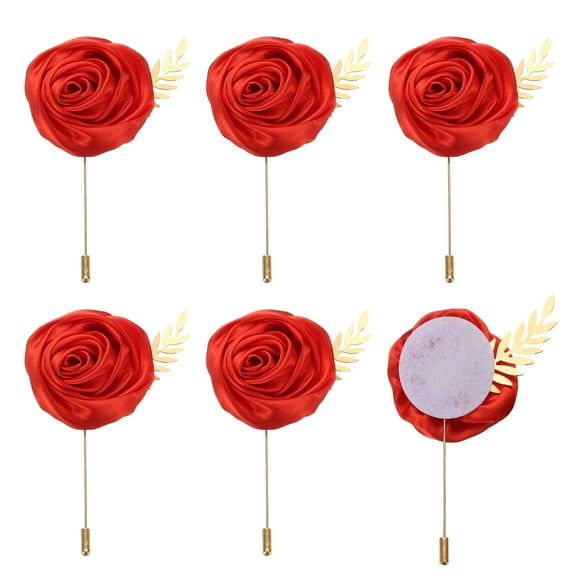 6pcs Red Rose Boutonnieres Flower Buttonholes Pocket Boutonnieres Pins with Leaf for Wedding (4.7 x 2 Inch)