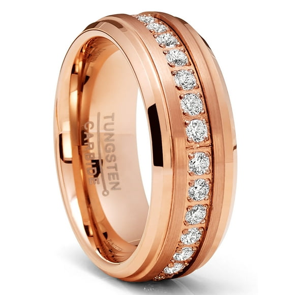 Mens Rosegold-tone Tungsten Carbide Eternity Ring Wedding Band Round Cubic Zirconia 8MM