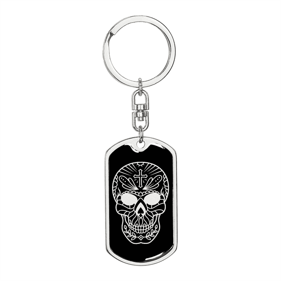 Calavera Mexican Sugar Skull 12 Stainless Steel or 18k Gold Premium Swivel Dog Tag Keychain