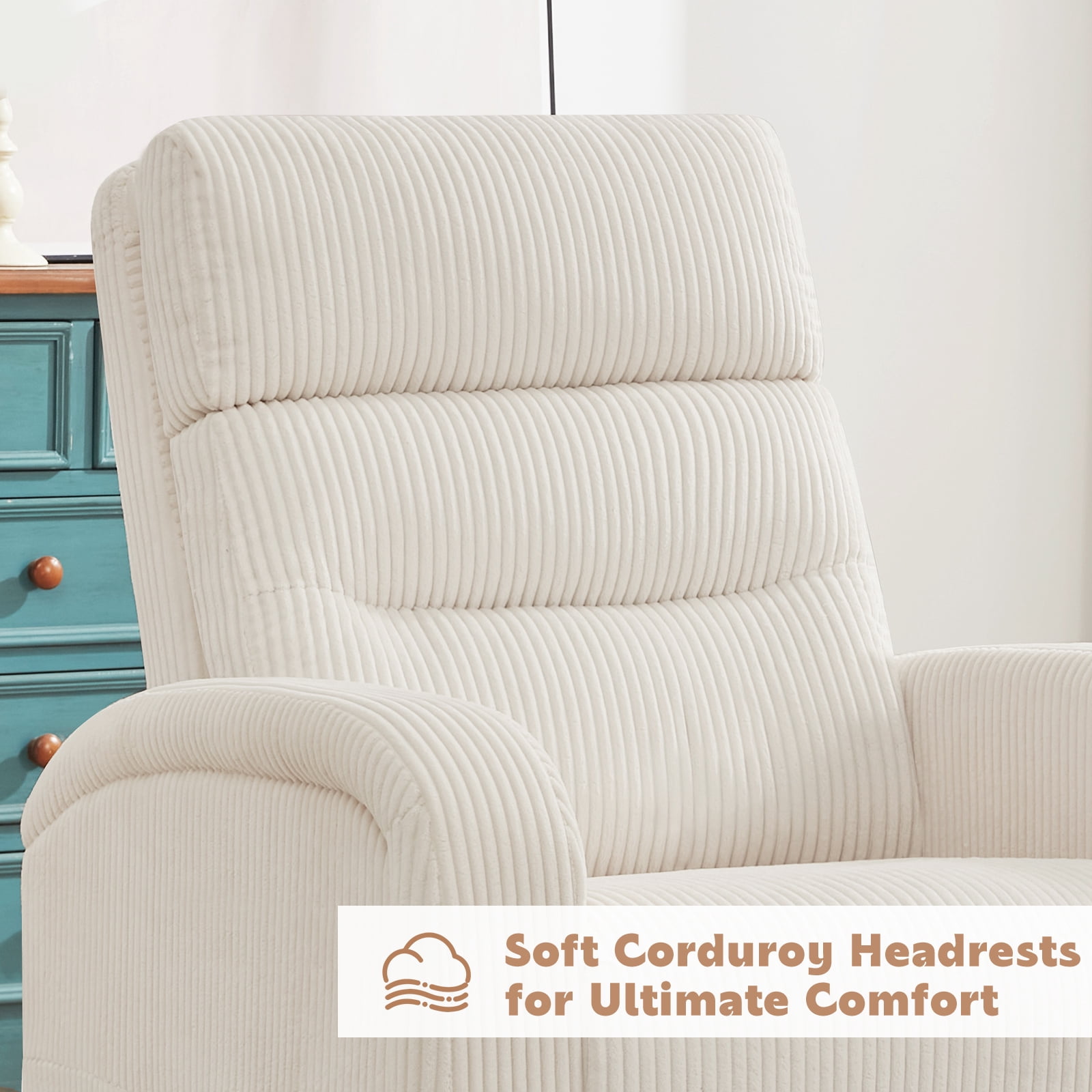 BaseBeauty Swivel Rocker Recliner Manual, Corduroy Nursery Recliner Glider Chair, Swivel Glider Recliner with Double Pockets, White