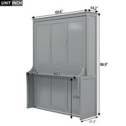 Euroco Queen Size Murphy Bed with Desk and Shelves, Convertible Wall Bed into Cabinet for Living Room, Easy Open and Close, Gray