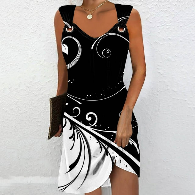 Fankiway Robe à Bretelles Sans Manches Imprimée Col Rond Décontractée Robes de Plage Grande Taille Robes de Plage pour Femmes