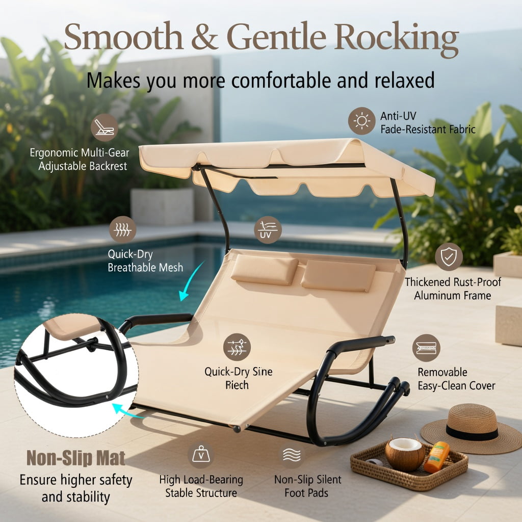 Hommoo 2-Person Outdoor Rocking Chaise Lounge with Adjustable Canopy & Mobility Wheels, Metal Frame Patio Lounger for Backyard, Poolside, Deck, Beige