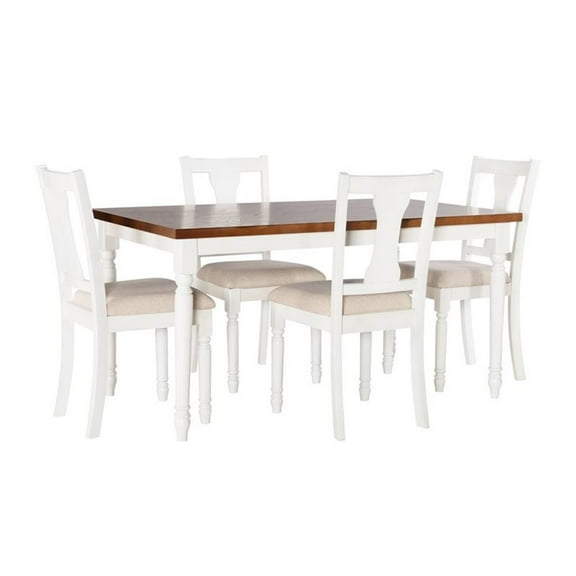 Linon Willow Wood Five Piece Upholstered Dining Set in Vanilla White/Honey Brown