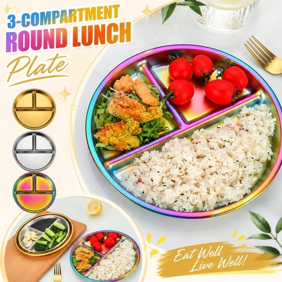 Round Divided Dinner Plate with 3 Sections for Portion-Control, Reusable Sectioned Lunch Tray for School Picnics and Outdoor Camping Activities for Adults, 1Pack Gold