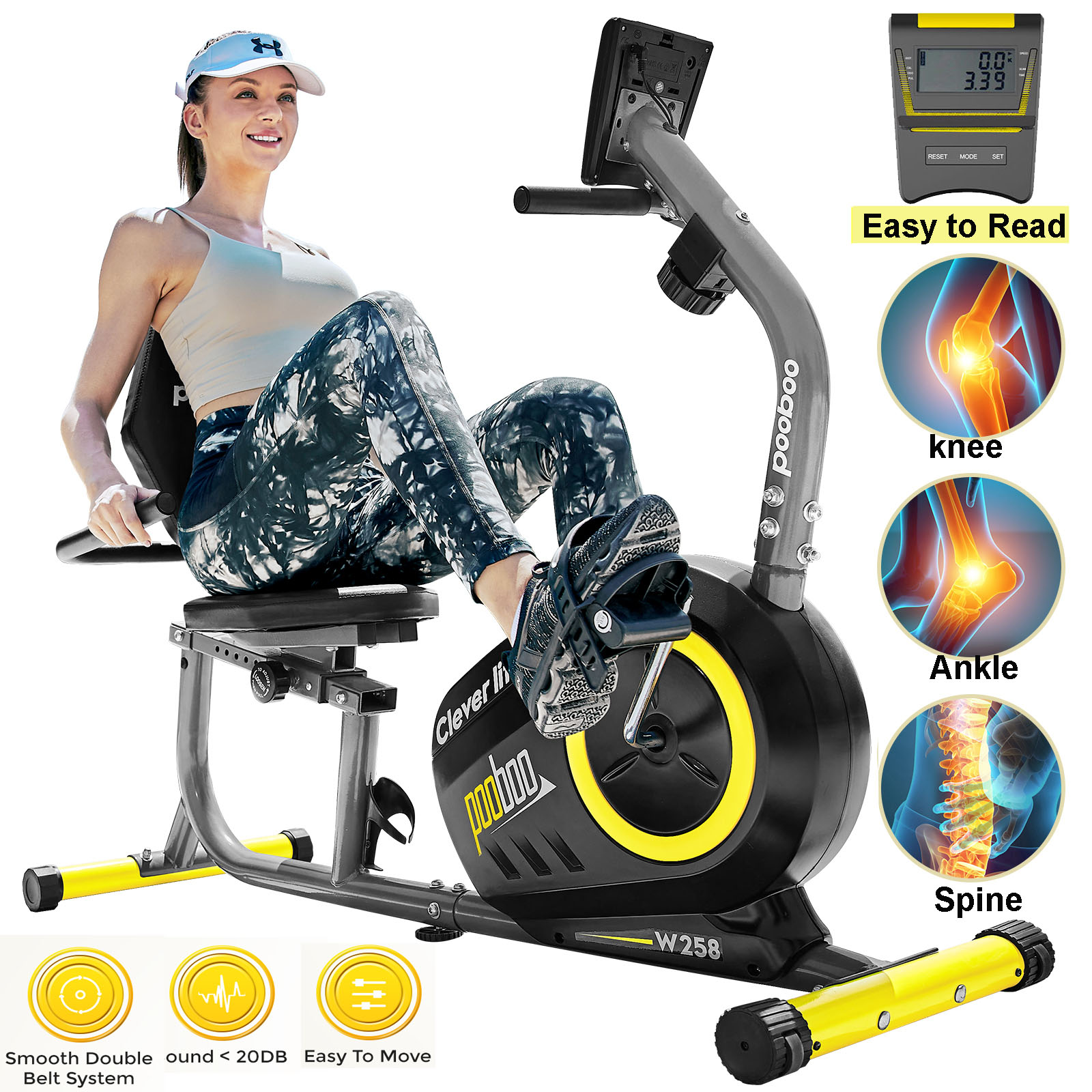 Pooboo Recumbent Exercise Bikes Sit Down Stationary Bicycle Magnetic Resistance Indoor Cycling Bike 380lb Yellow - image 2 of 18