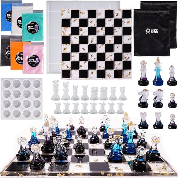 LET'S RESIN Moldes de ajedrez para fundición de resina, juego de ajedrez de resina mejorado con 16 piezas 3D de tamaño completo y tablero de ajedrez, moldes de resina de silicona epoxi, juego de mesa