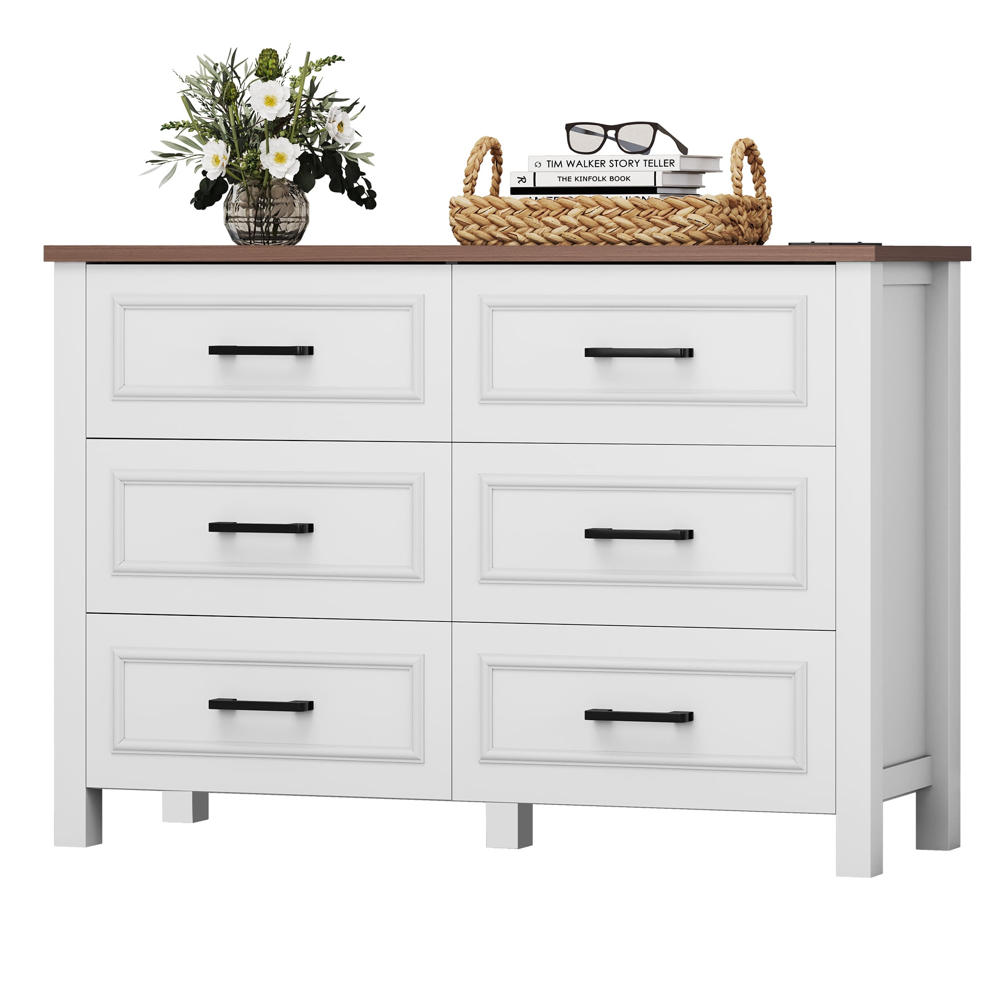 Uforic 6-Drawer Wooden Dresser TV Stand with Power Outlet, Drawers and Handles, for Living Room, Bedroom, White & Walnut