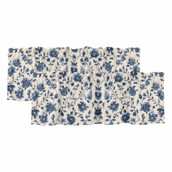 Navy Blue Floral Curtain Valances for Windows, Kitchen Valance Window Treatments Panel 2 Pack, Spring Vintage Blossom Botanical Rod Pocket Short Curtains for Bathroom Bedroom 54 x 18 Inch