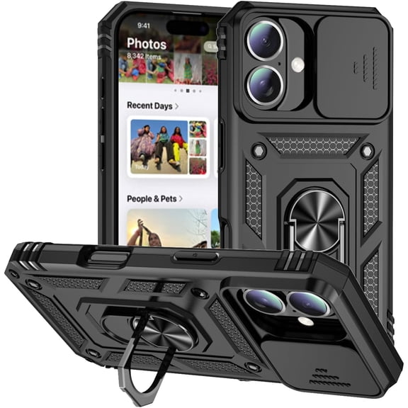REQO Phone Case for iPhone 17 with Metal Ring Stand & Slide Camera Cover, Heavy Duty Rugged Silicone&PC Military Grade Shockproof Protective Case fit for Magnetic Car Mounts