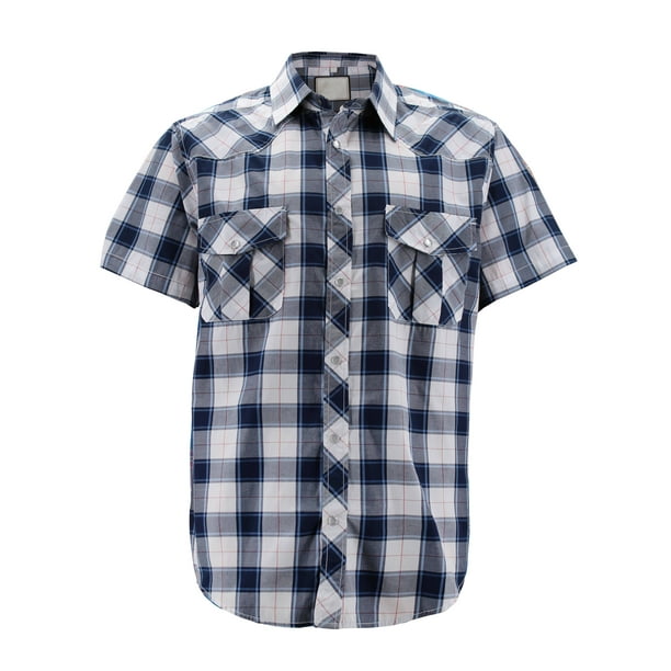 Men's Short Sleeve Plaid Button-Down Shirt - Western Style With Pocket, Cotton Blend