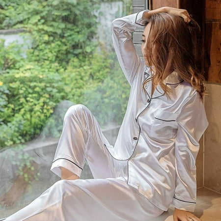 

Women s Sexy Silk Satin Pajamas Set Long Sleeve Sleepwear Pajamas Suit Female Two Piece Sleepwear Nightwear P1