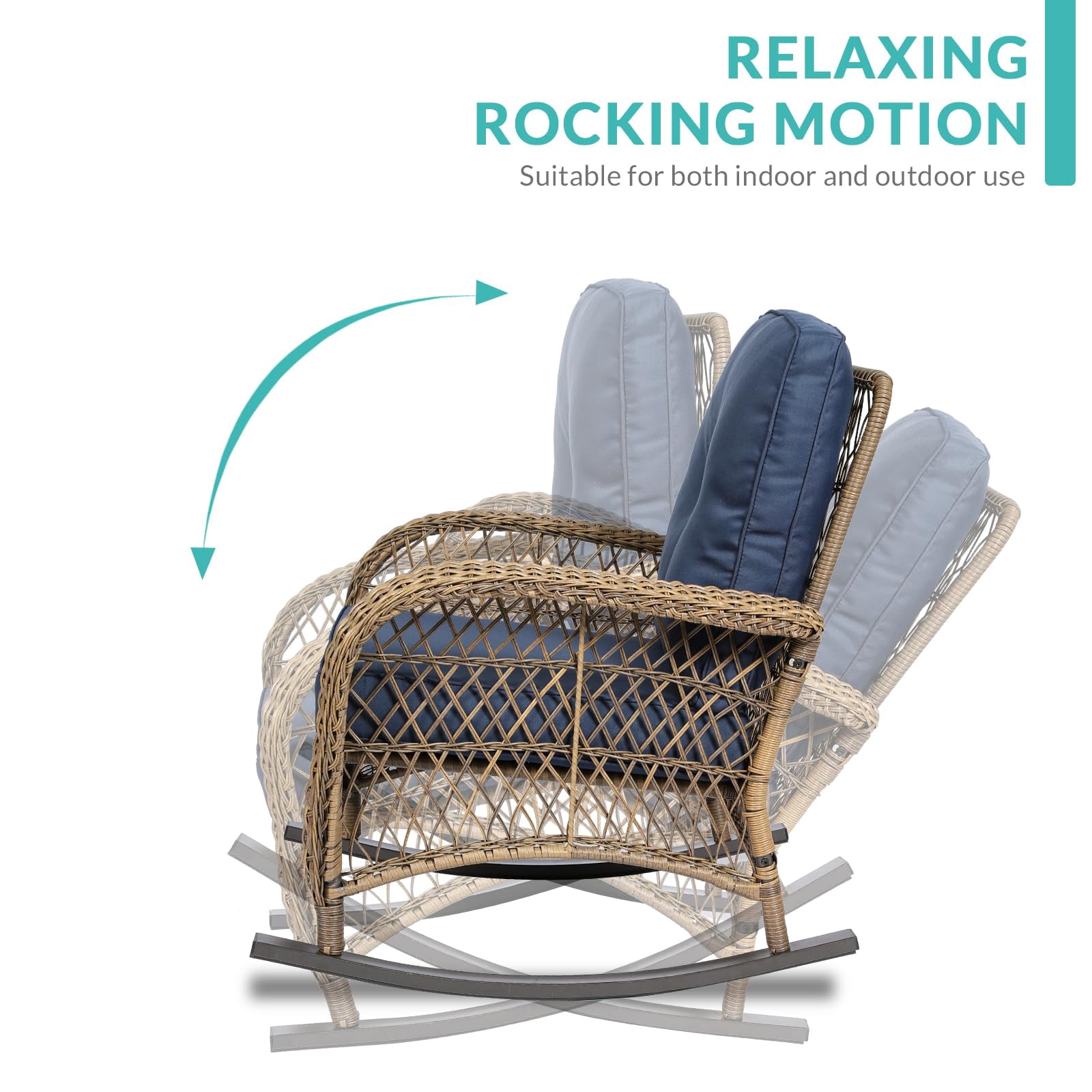 MEETWARM 7 Pieces Outdoor Patio Rattan Furniture Sets, All Weather Patio Wicker Conversation Set- 2 Rocking Chairs, 2 Swivel Chairs, 1 Loveseat Glider w/Cushions, 2 Glass-Top Coffee Table, Navy Blue