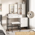 thumbnail image 3 of Makeup Vanity Desk with Lighted Mirror & Power Strip,White Vanity Table Set with Hair Dryer Rack,Hidden Sliding Mirror Bedroom Dressing Table with 3 Drawer and 2 Cabinet,3 Lighting Colors,40.6in(L), 3 of 8