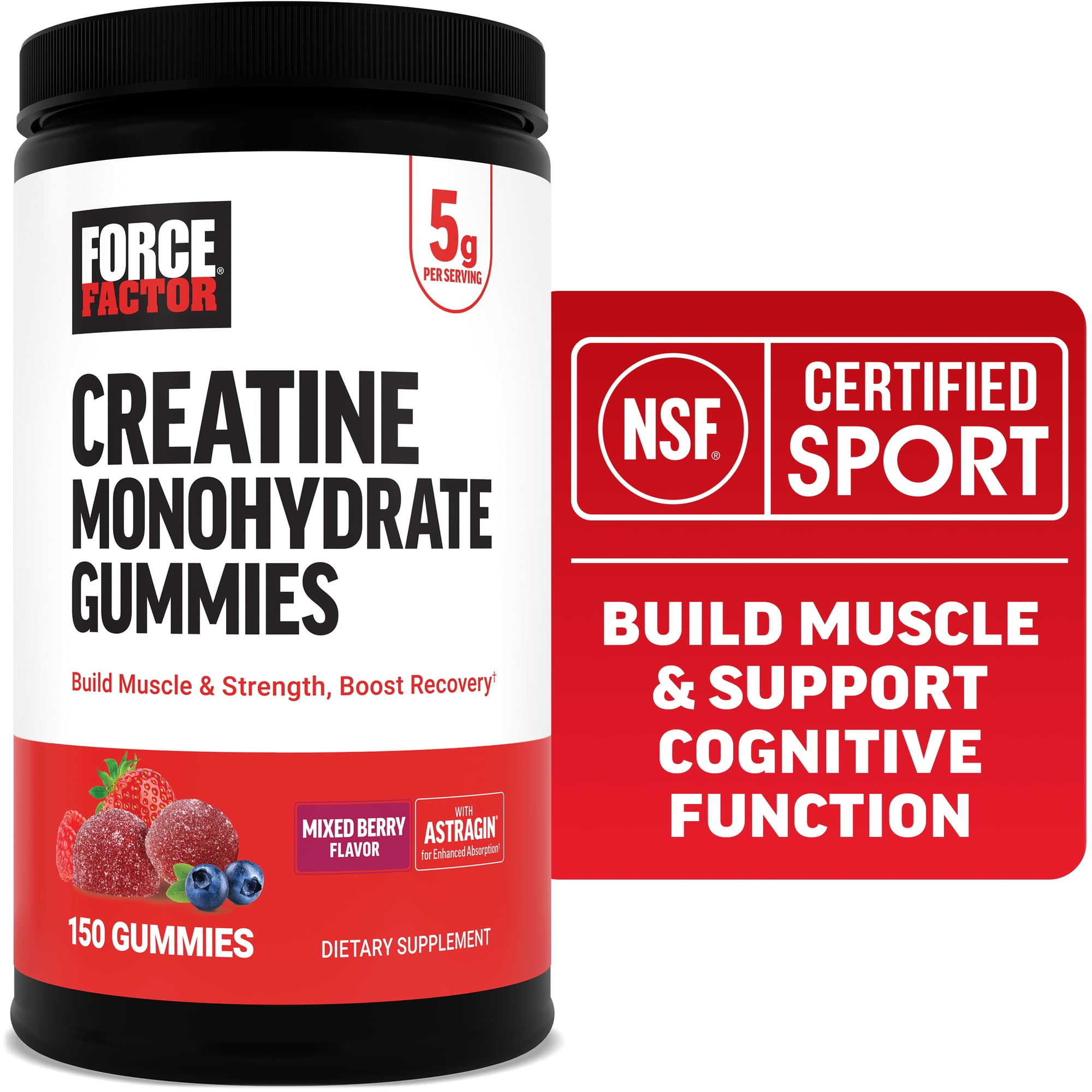 Force Factor Creatine Monohydrate Gummies, NSF Certified, 5g Dose for Men & Women to Support Muscle, Strength, Recovery, Cognitive Health & Memory, Packaging May Vary, Mixed Berry, 150 Gummies