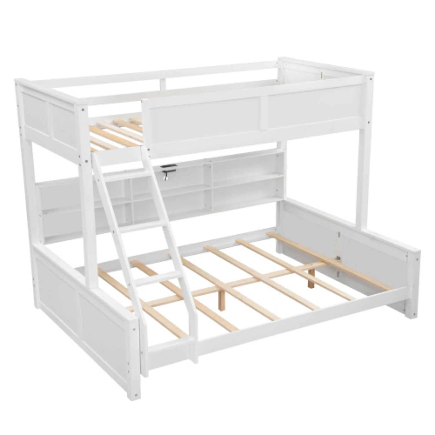 Twin XL Over Queen Bunk Bed with Storage Cabinets & USB Ports, Solid Wood Loft Bed with Guardrails, Space Saving Bed for Bedroom, Antique White