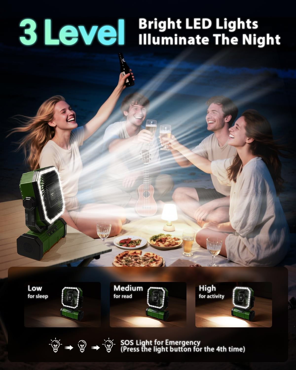 SuperRGB Portable Camping Fan, 20000mAh Rechargeable Battery Operated Fan with Bluetooth Speaker, LED Light & Remote, 4 Speeds, Timer & Hook for Tent, Outdoor, Travel, Green