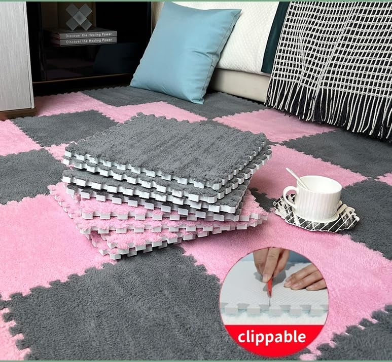 10Pcs Plush Foam Floor Mat,Plush Interlocking Carpet Tiles,Anti-Slip Square Puzzle Floor Mat,EVA Foam Area Rugs for Bedroom Playroom