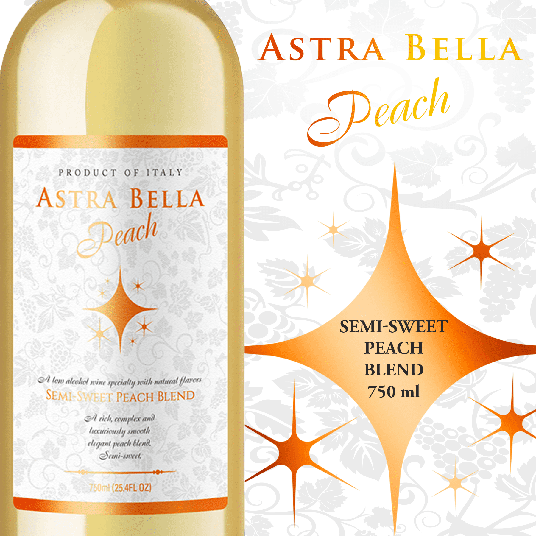 Astra Bella Semi-Sweet Peach, Italian Blend 750 ml Glass Bottle, 5.5% ABV