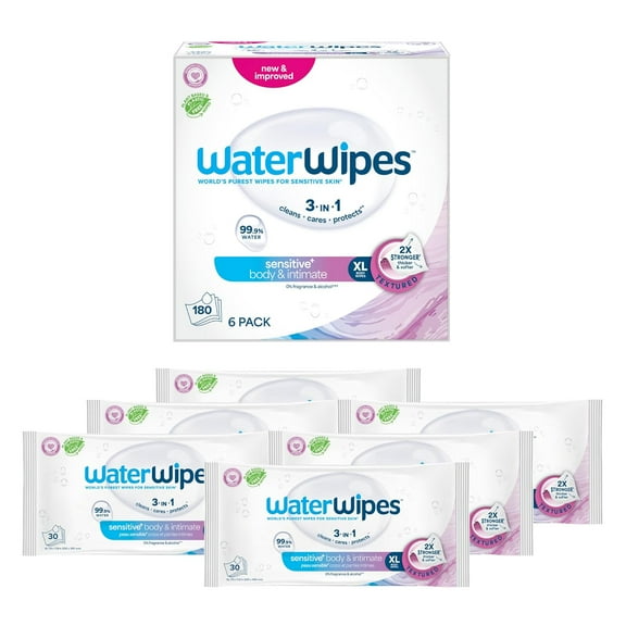 Sensitive+ Body & Intimate Wipes, 3-In-1 Cleans, Cares, Protects, 99.9% Water, Unscented & Hypoallergenic Hygiene Wet Wipes, Adult Care,180 Wipes (6 Packs)