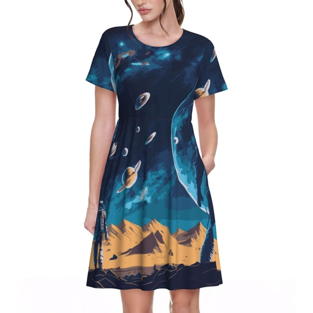 Fotbe Astronaut In A Space Suit On The Planet Vestido Largo de Moda para Mujer, Vestido Tipo Camiseta con Manga Corta y Estilo Casual a Rayas y Bloques de Color