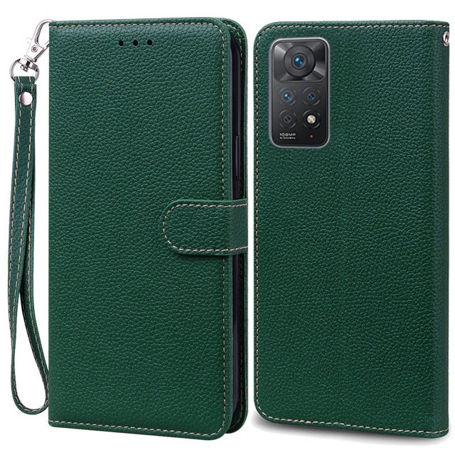 Note 11 Case For Xiaomi Redmi Note 11 11S Case Leather Wallet Flip Case For Redmi Note 11 Pro Phone Cases Note 11S Cover Fundas Dark Green -Strap Note 11 Pro 4G 5G
