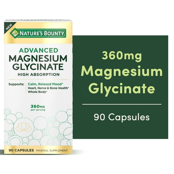 Nature’s Bounty Advanced Magnesium Glycinate Supplement, Heart, Nerves, Muscle & Bone Health Support, 360mg, 90 Count