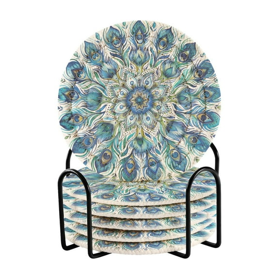 Mandala Peacock Feathers Coasters with Holder for Coffee Table 6 Pcs Drink Coaster Sets Absorbent for Home Decor 4 inch